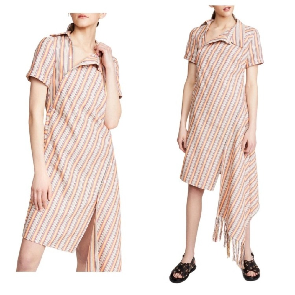 Monse Deconstructed Striped Short Sleeve Shirt Dress Fringe 6 Asymmetric Artsy